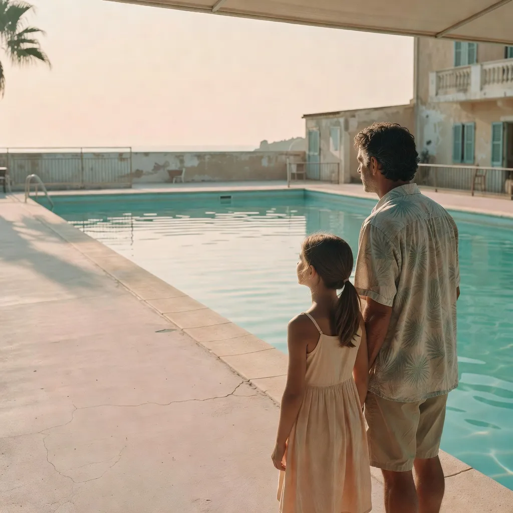 A father and daughter seen from behind beside a sun-faded hotel pool