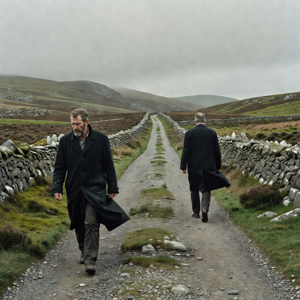 Two men walking apart along a windswept island road
