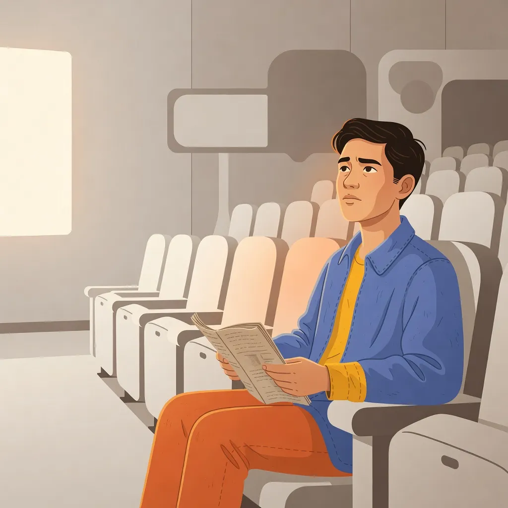 Editorial illustration of a cinema-goer holding a folded programme in a repertory cinema