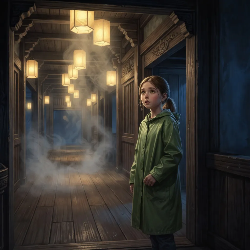 Editorial illustration of a young traveller observing a lantern-lit corridor