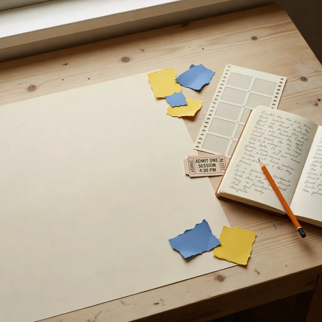 Notebook, cinema ticket shape, contact sheet and orange pencil arranged on a pale desk