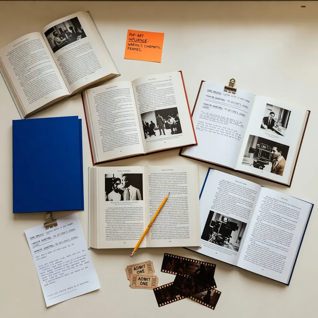 Film reference books, notes, cinema tickets and film strips arranged on a warm desk with a blue folder.