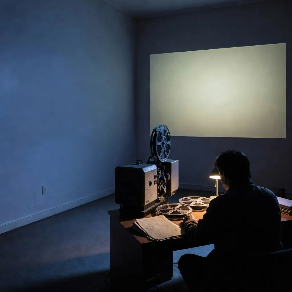 A cinema projection room at blue hour, with a glowing screen, film equipment and a seated programmer in silhouette.
