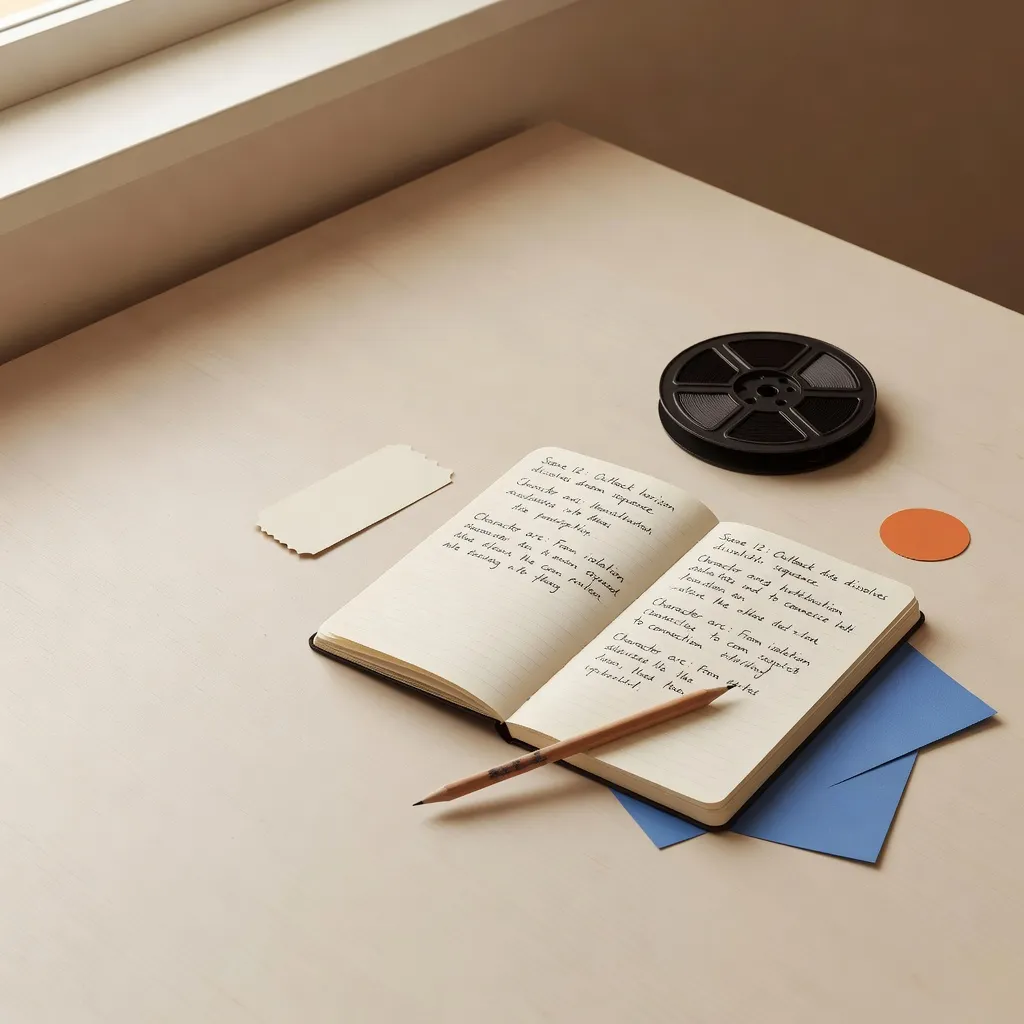 Open cream notebook, ticket stub and pencil on a warm desk with blue and orange paper accents