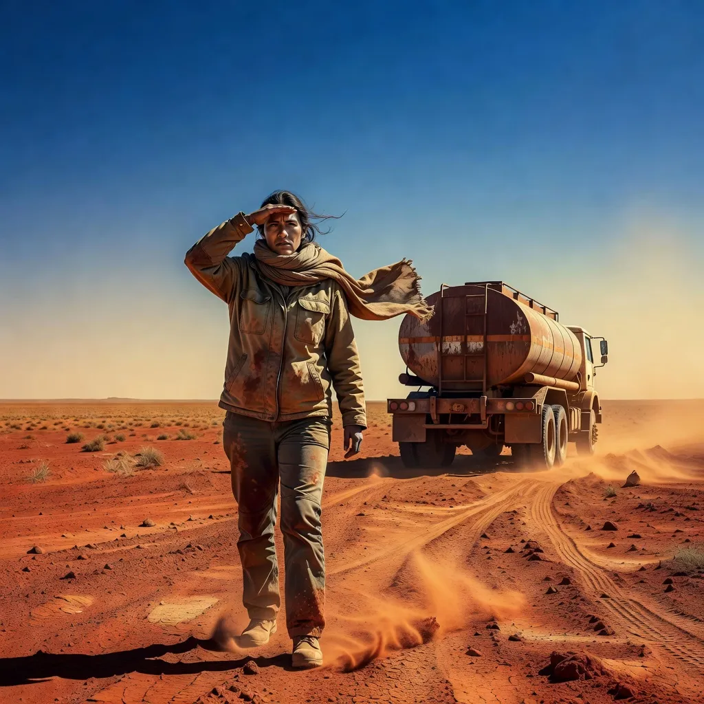 Editorial illustration of a determined traveller on a red-earth plain beside a tanker silhouette