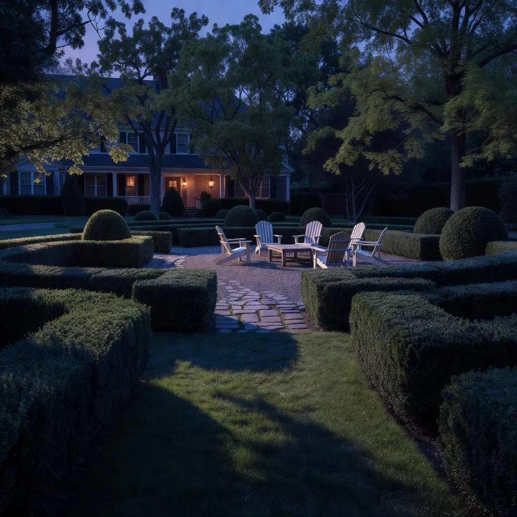 Editorial illustration of a manicured suburban garden at twilight with empty white chairs and a path to a lit house