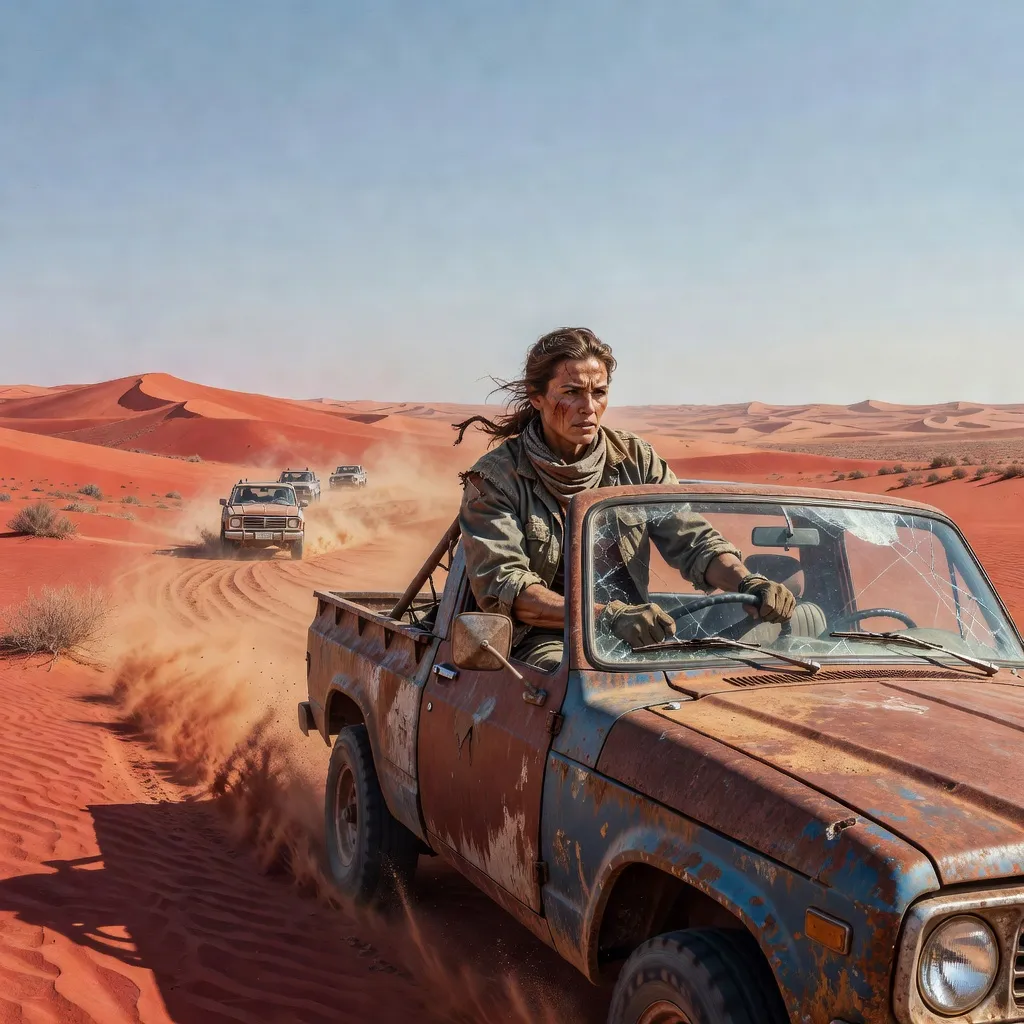 Editorial illustration of a driver in a weathered vehicle crossing dusty desert dunes
