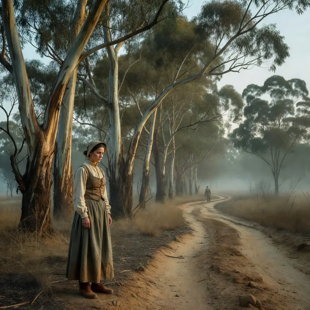 A woman standing beside eucalyptus trees with a distant companion on a bush track
