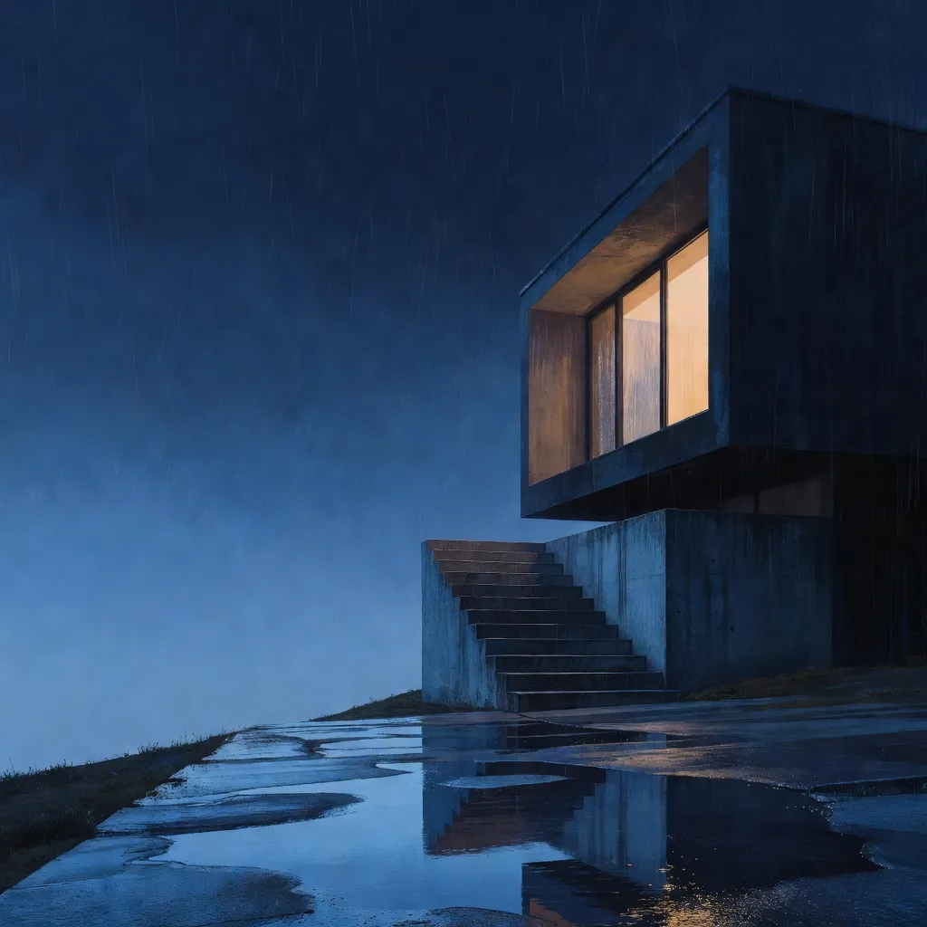 Editorial illustration of a modern hillside home in rain with a warm upper window and concrete stairway