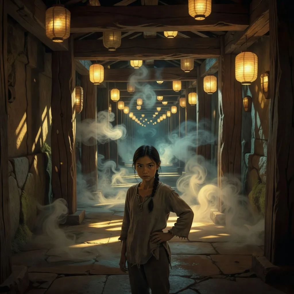 Editorial illustration of a young protagonist finding resolve in a lantern-lit bathhouse corridor