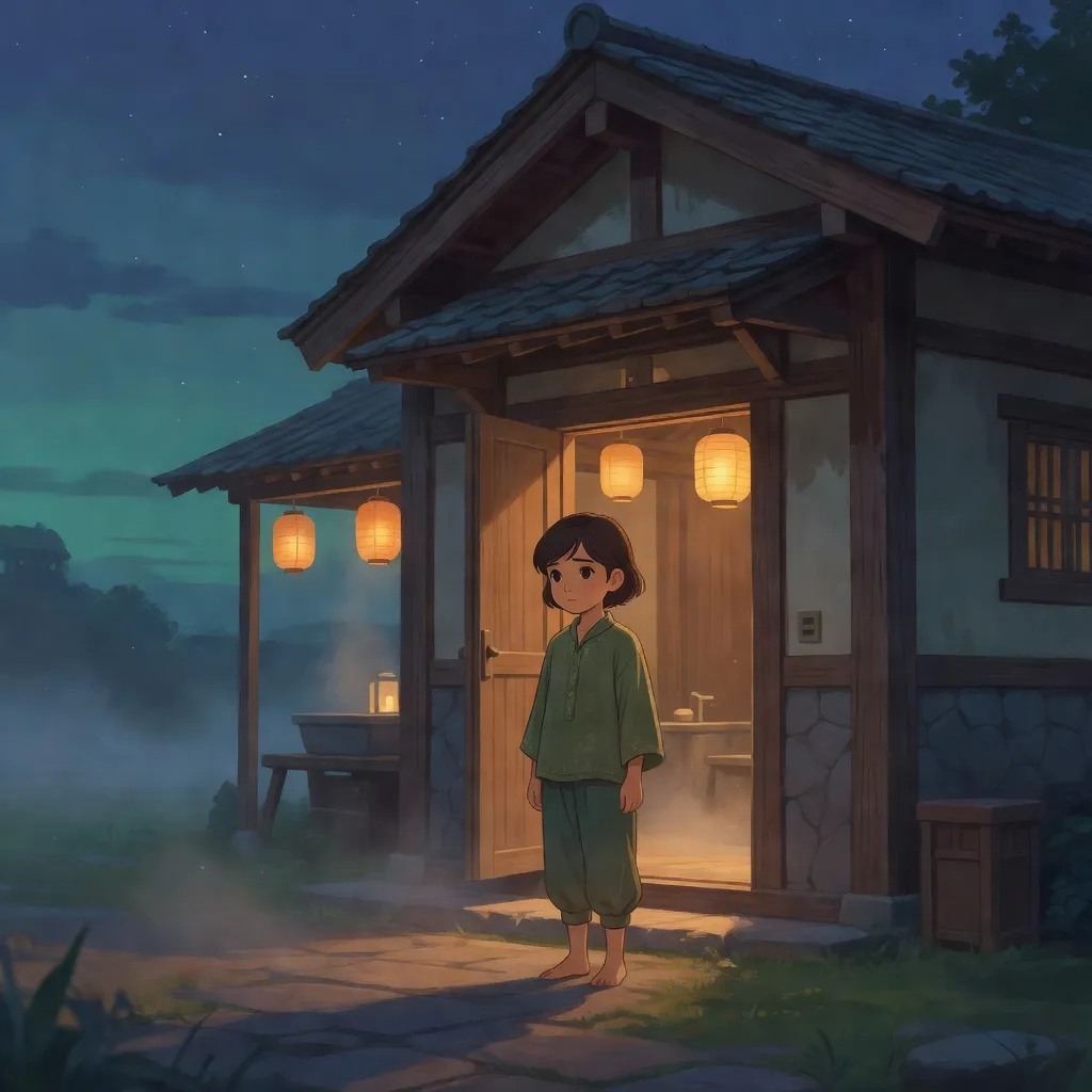 Editorial illustration of a young girl near a warmly lit fantasy bathhouse doorway at dusk