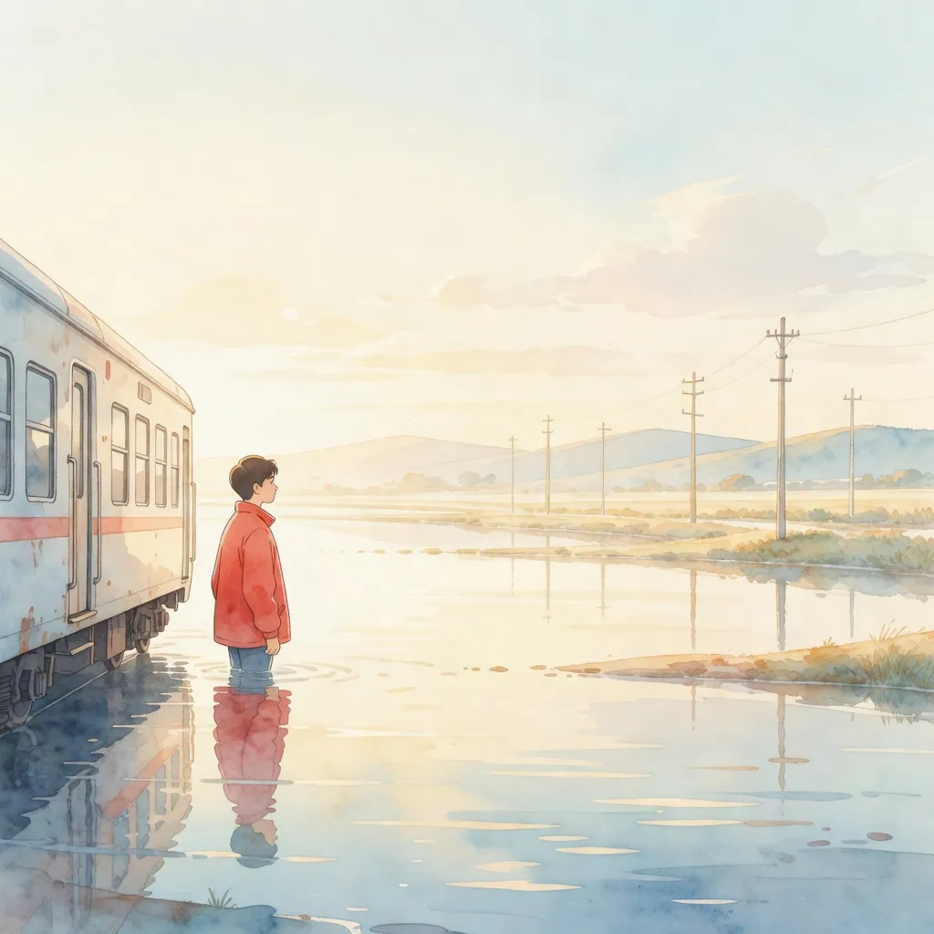 Watercolour editorial illustration of a generic young traveller by a train window crossing reflective water at dawn