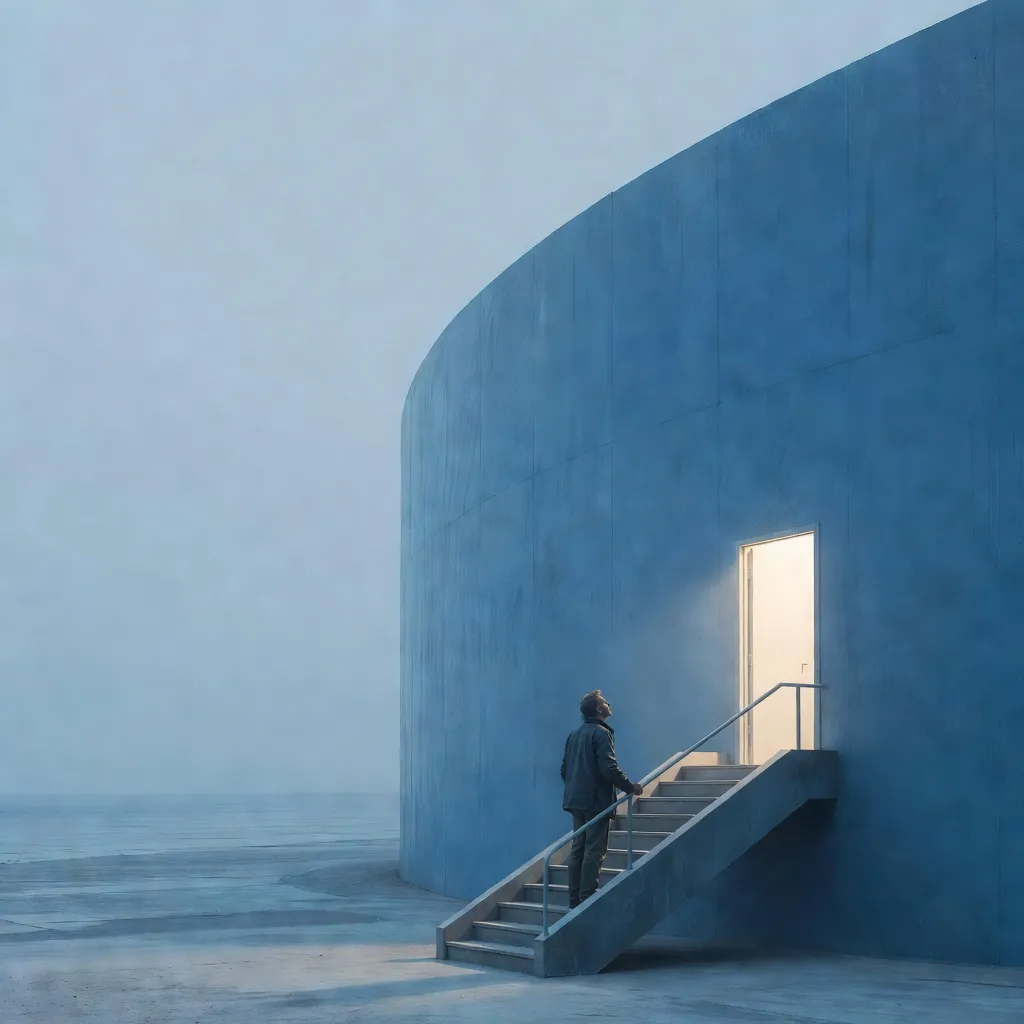 Editorial illustration of a small figure facing a curved blue boundary and a bright doorway