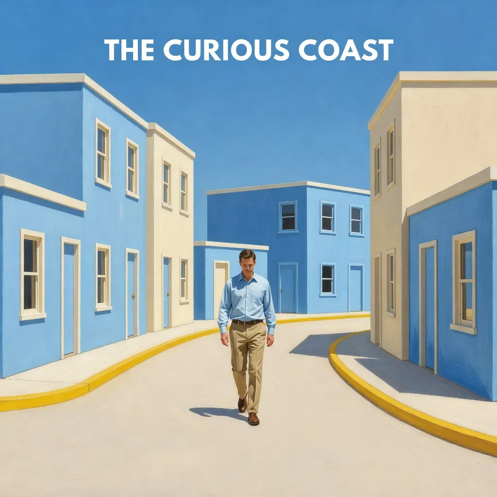 Editorial illustration of a man walking through a bright curved seaside street