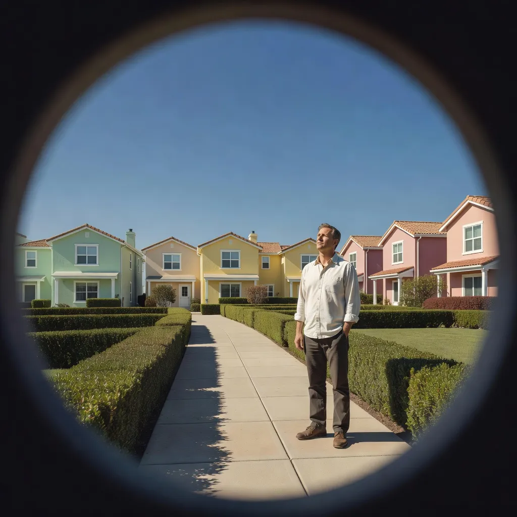 Editorial illustration of an isolated man on a tidy suburban footpath beneath a clear blue sky