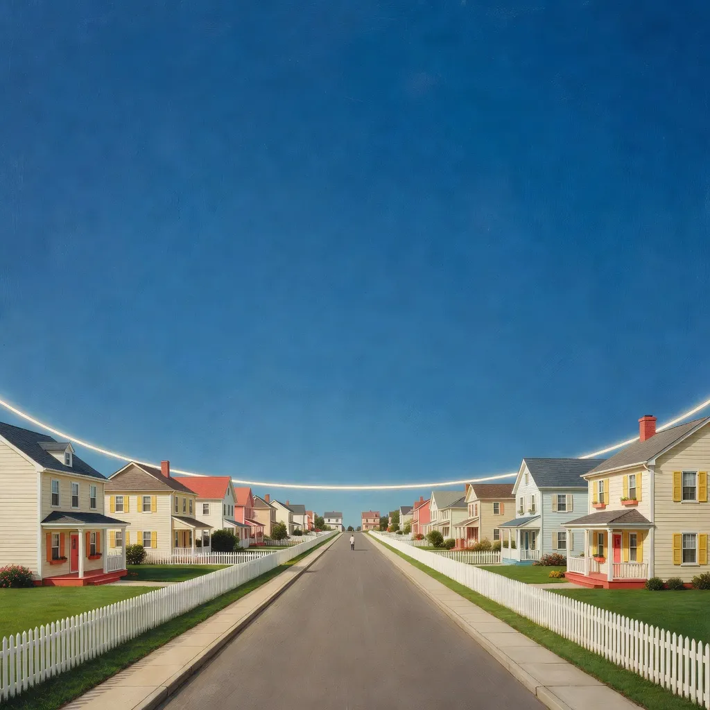 Editorial illustration of a perfect small-town road beneath a subtly curved painted blue sky