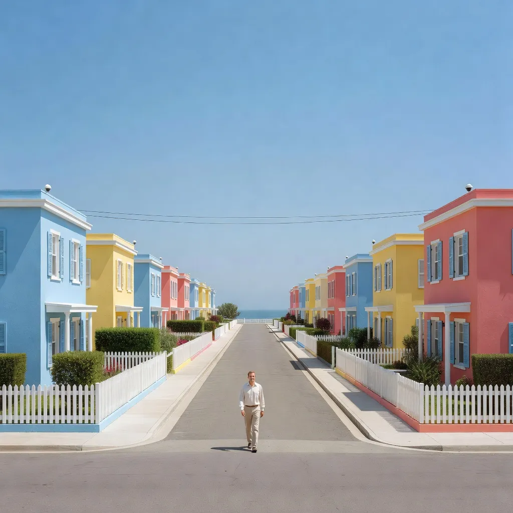 A lone man walking through an unusually orderly pastel suburban street